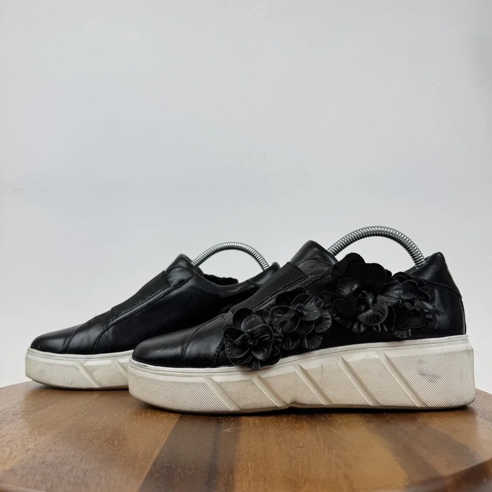 Womens Charles David Rachelle Black Faux Leather Flower Platform Sneaker Size‎ 9